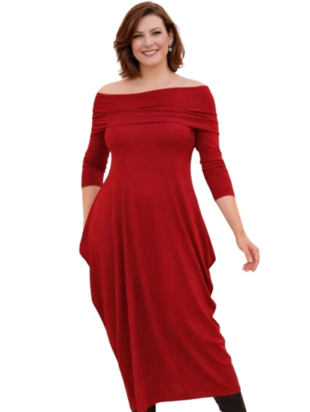 New Sun Kim Maryann Red Stretchy Flowy Drape Midi Length Dress